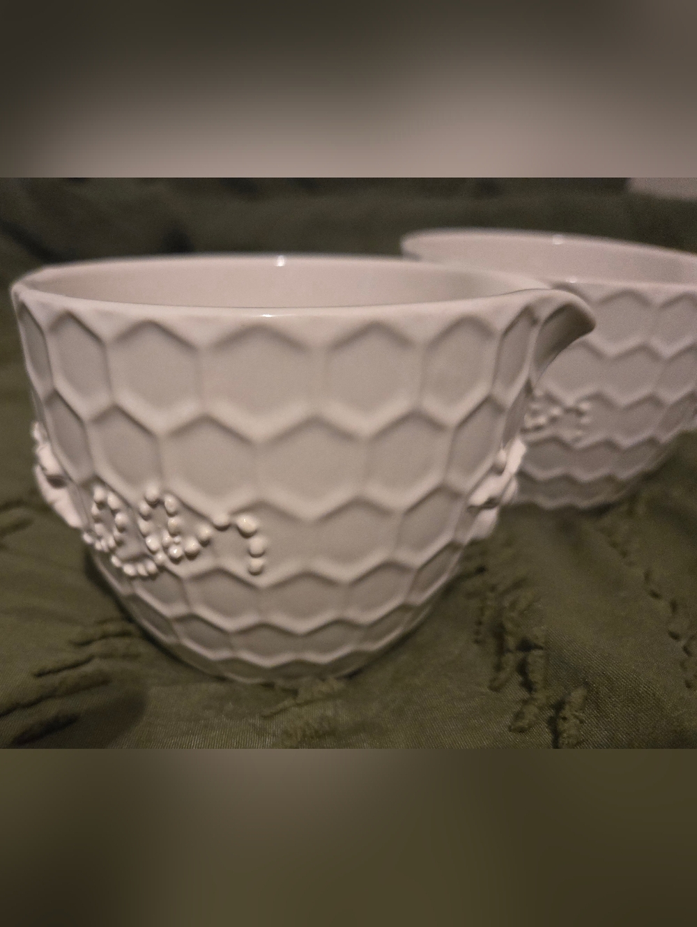 Two White Temptations Ceramic Creamer Bee-lieve  Honeycomb Pattern
